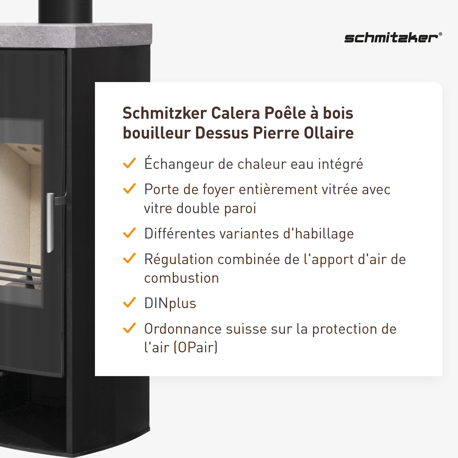 Schmitzker Calera Poêle à bois avec échangeur d'eau, plaque supérieure en stéatite