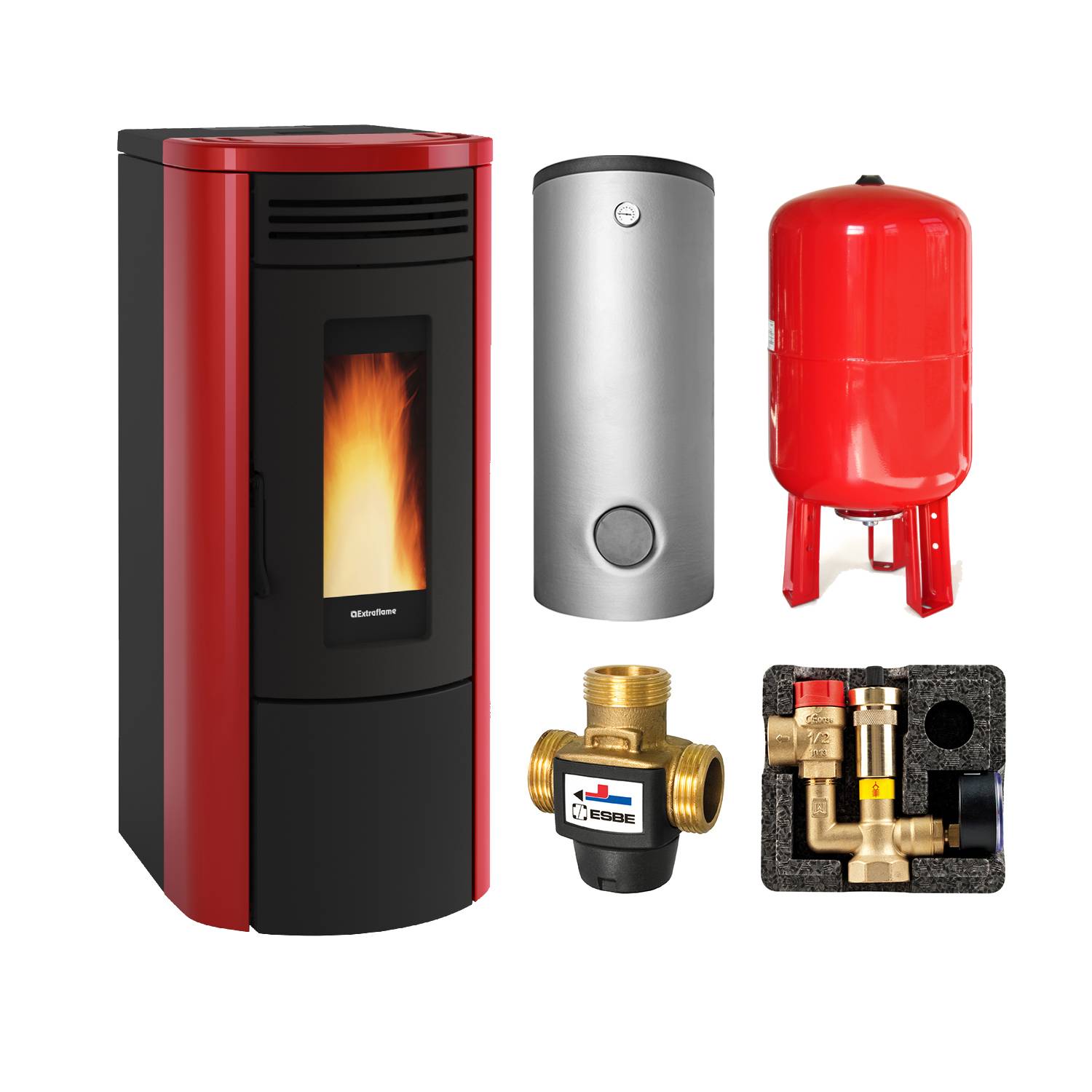 Extraflame COSTANZA IDRO 5.0 wasserführender Pelletofen bordeaux - THKE 600 Kombi-Speicher montiert silber 1x WT -Heizungsausdehnungsgefäß 80 L