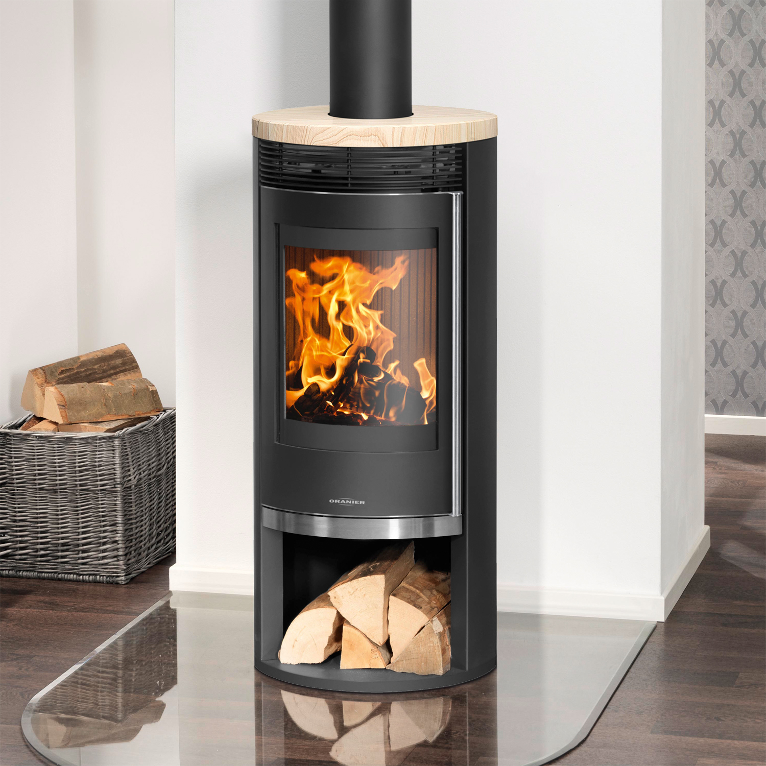 Oranier Rota 2.0 Poêle à bois acier noir avec plaque de recouvrement en grès