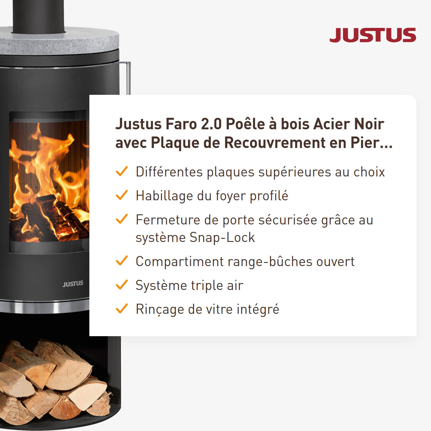 Justus Faro 2.0 Poêle à bois en acier noir avec plaque de recouvrement en stéatite.