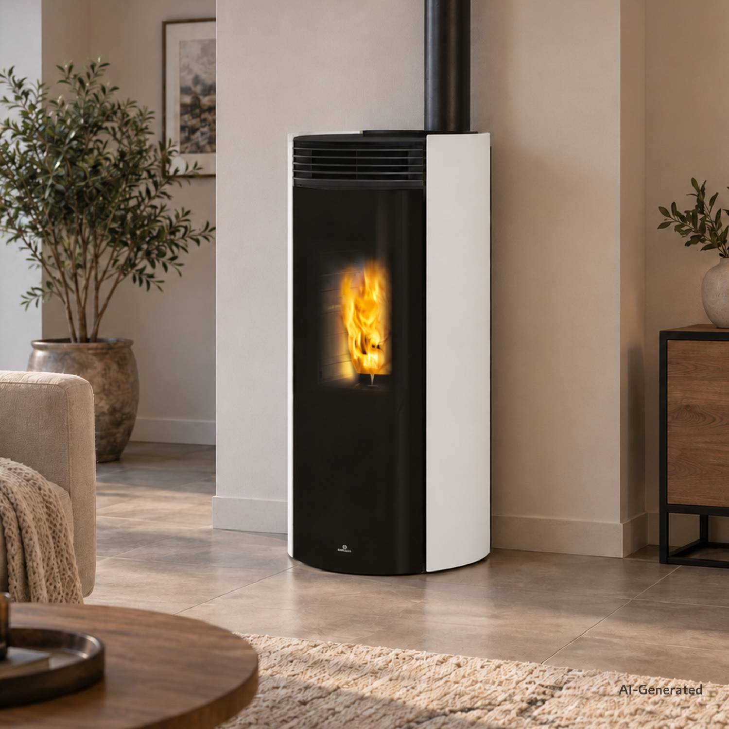 Représentation générée par IA : Poêle à granulés Edilkamin LIBRA9+ COAX blanc avec feu allumé dans un salon avec canapé et plante