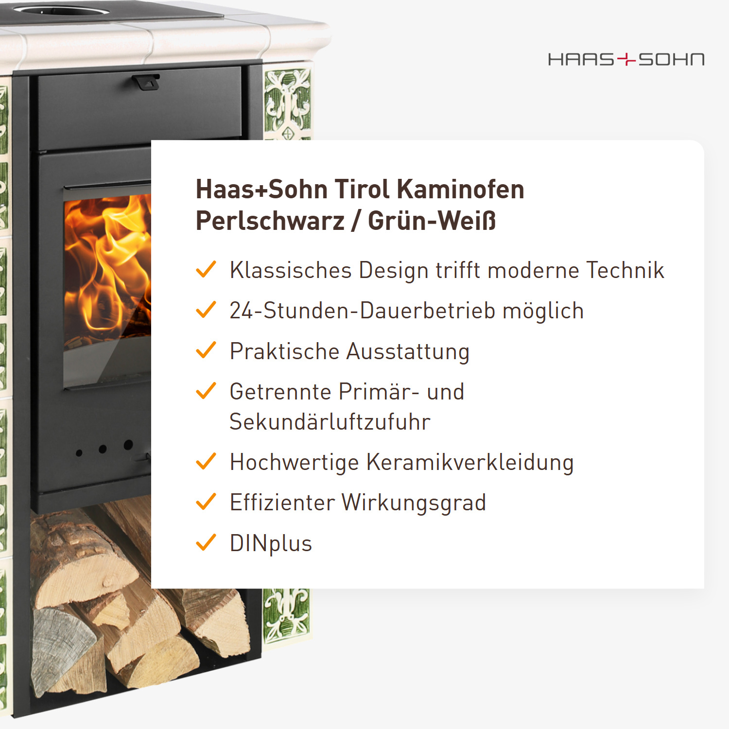 Haas+Sohn Tirol Kaminofen Perlschwarz / Grün-Weiß
