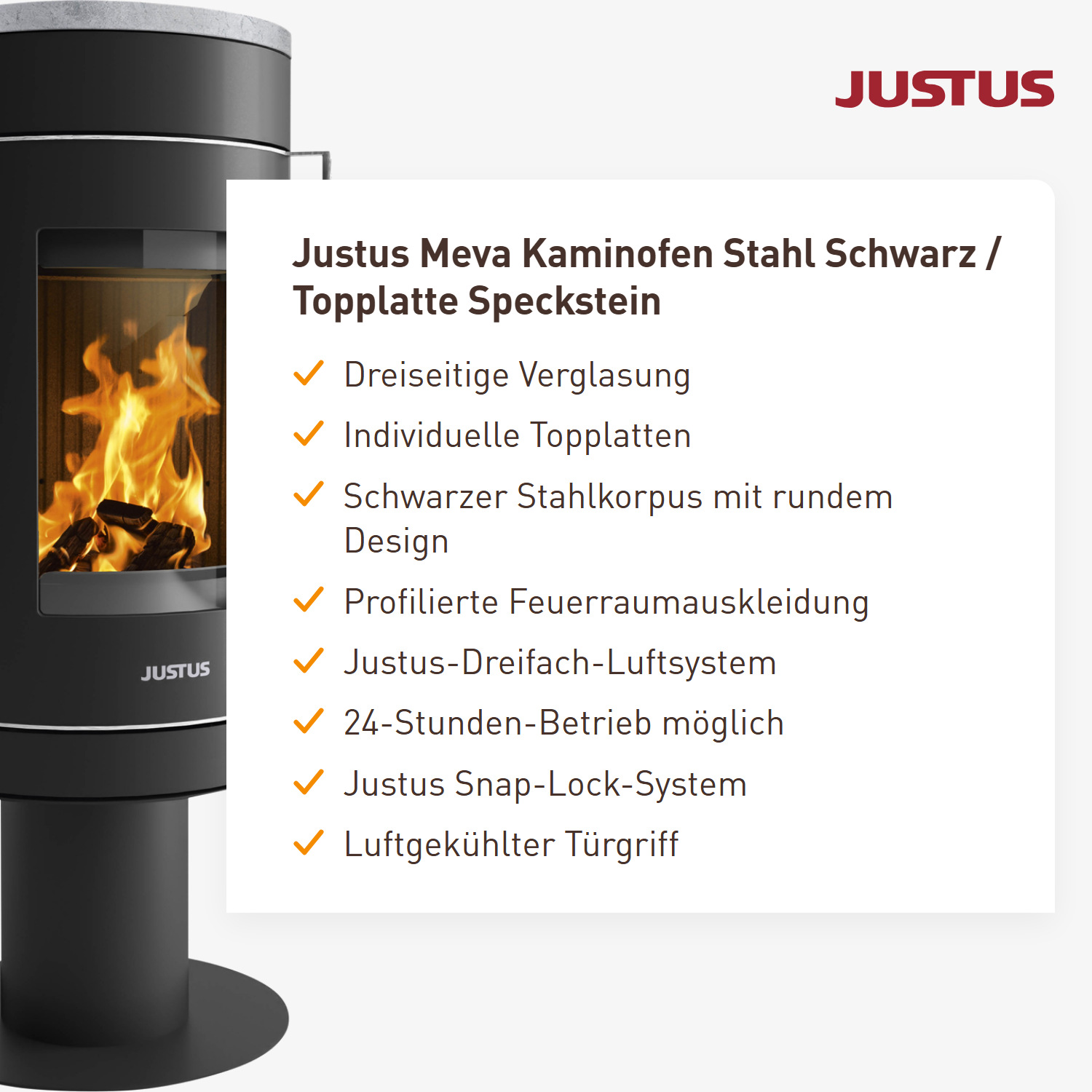 Justus Meva Kaminofen Stahl Schwarz / Topplatte Speckstein