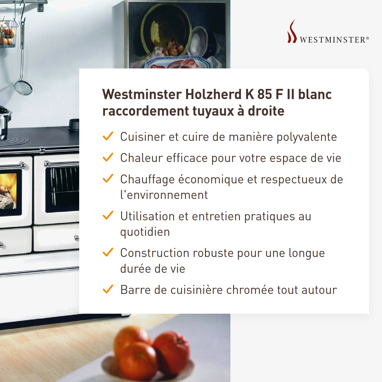 Westminster cuisinière à bois K 85 F II blanc raccordement tuyaux droit