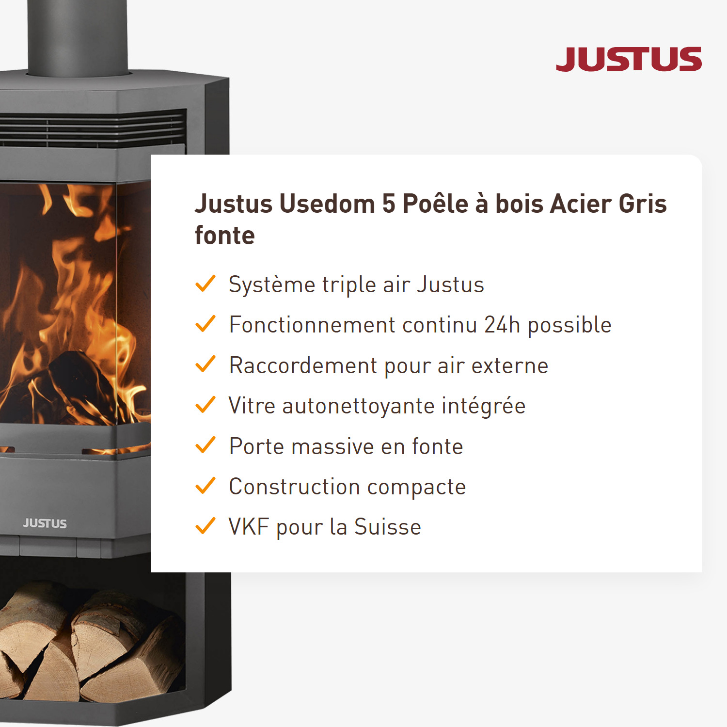 Justus Usedom 5 Poêle à bois en acier gris fonte