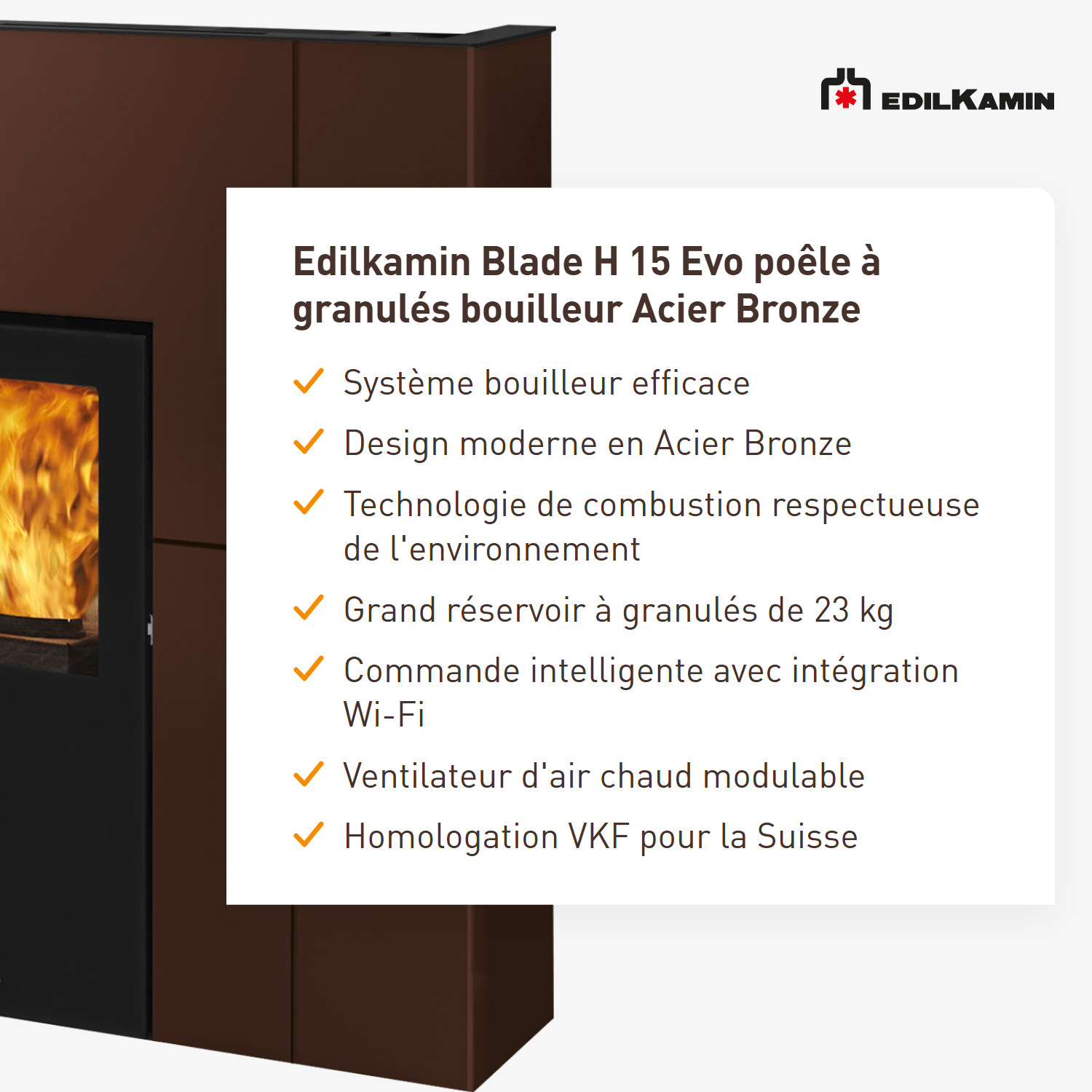 Edilkamin Blade H 15 Evo poêle à granulés bouilleur acier bronze