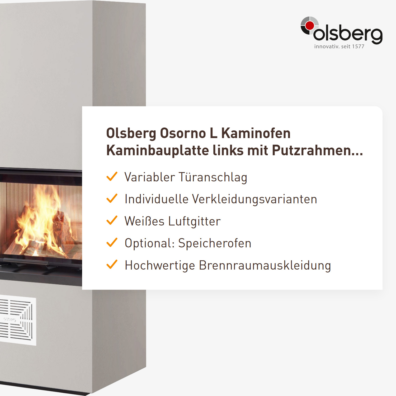 Olsberg Osorno L Kaminofen Kaminbauplatte links mit Putzrahmen und Luftgitter weiß