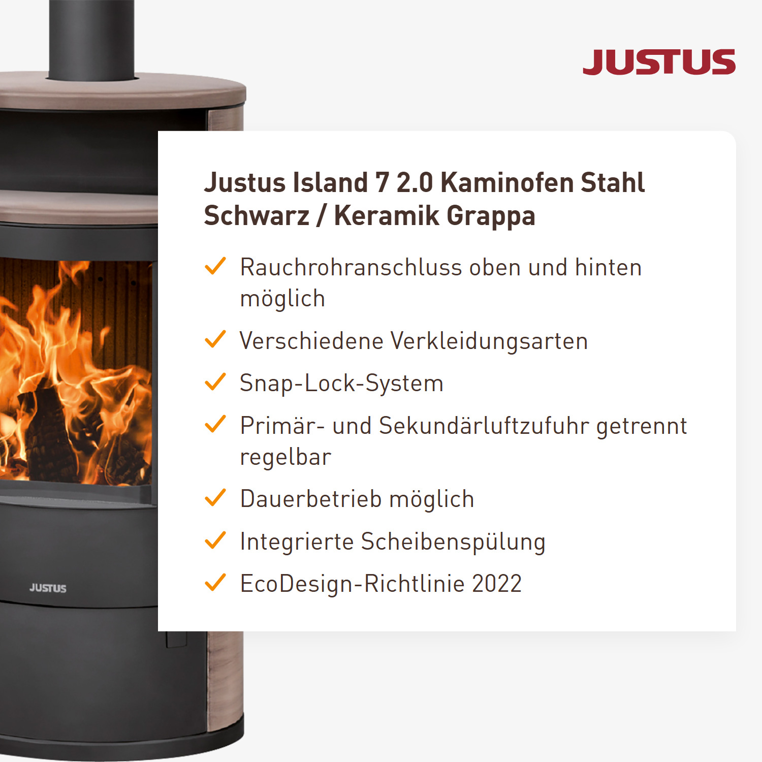 Justus Island 7 2.0 Kaminofen Stahl Schwarz / Keramik Grappa