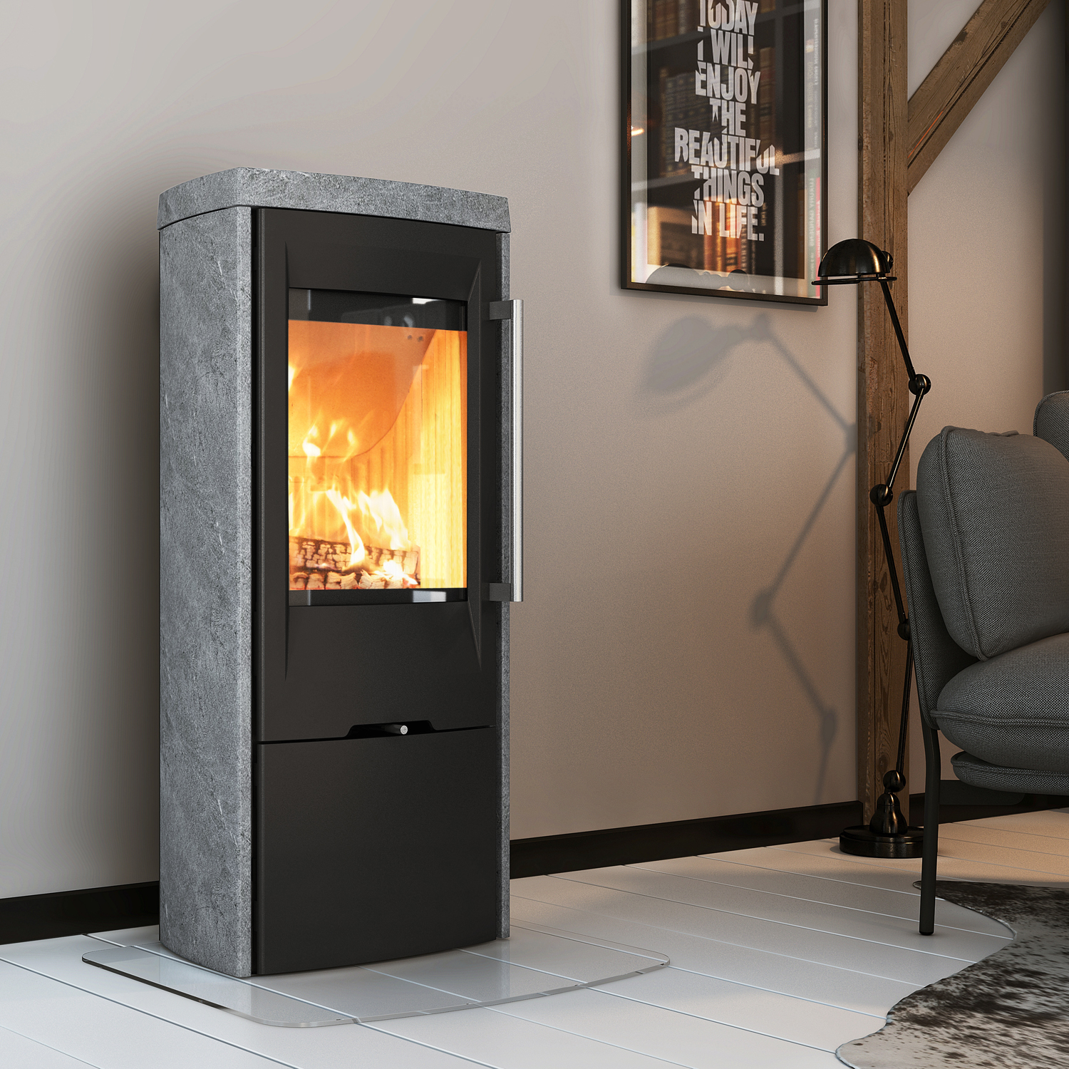 TermaTech TT30S Kaminofen Stahl Schwarz / Speckstein Rauchrohr oben / hinten