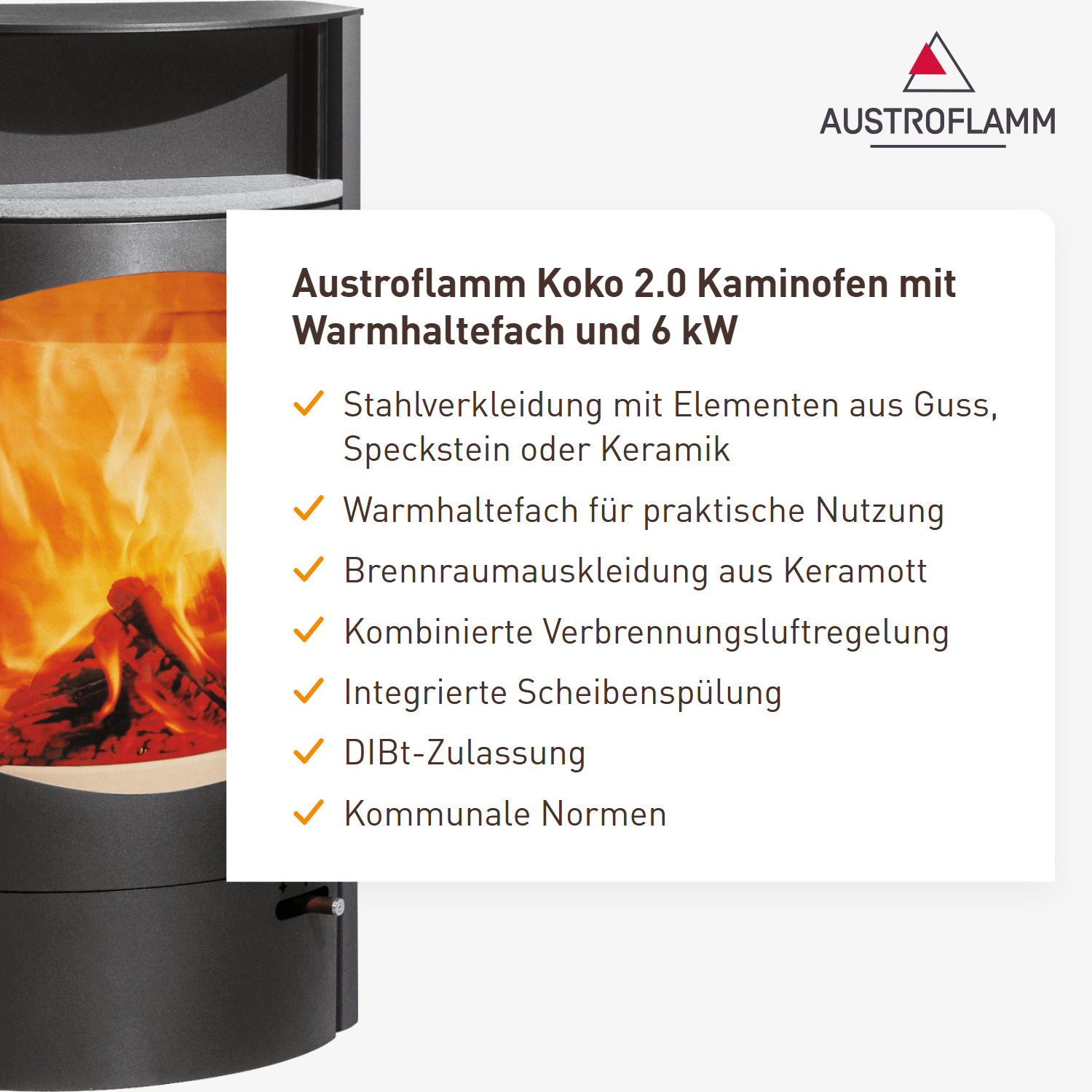 Austroflamm Koko 2.0 Kaminofen Stahl Gussgrau, Warmhaltefach Speckstein, Guss-Topplatte, RRA hinten
