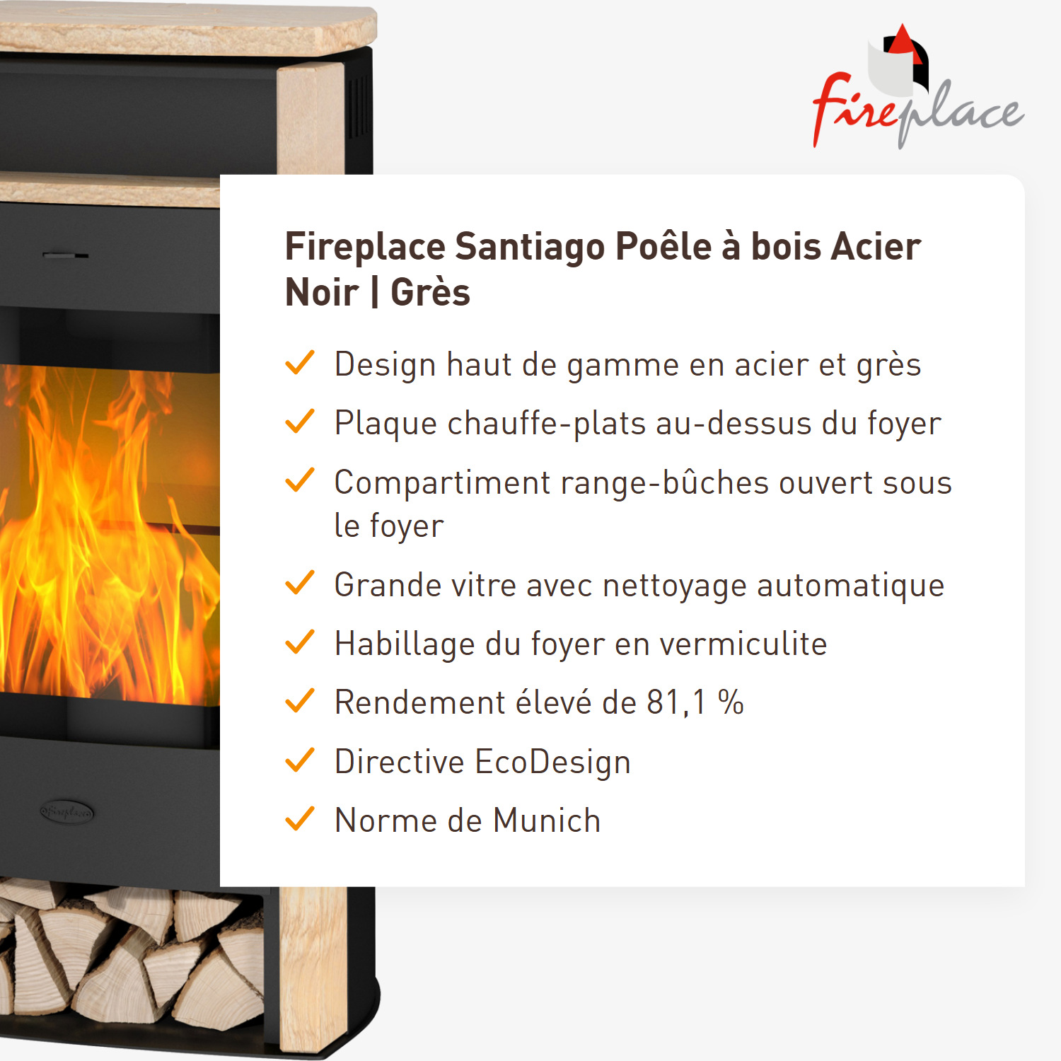 Fireplace Santiago Poêle à bois acier noir | grès