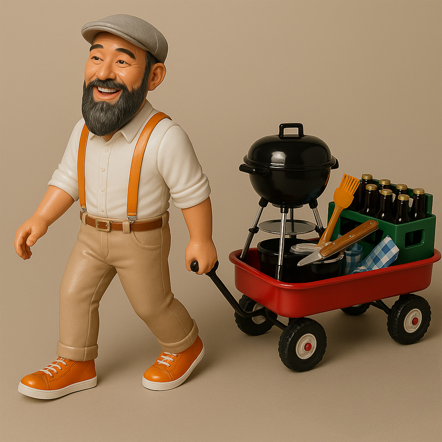 Mann mit Bollerwagen voll Grillzubehör für den Vatertag im Comic-Stil