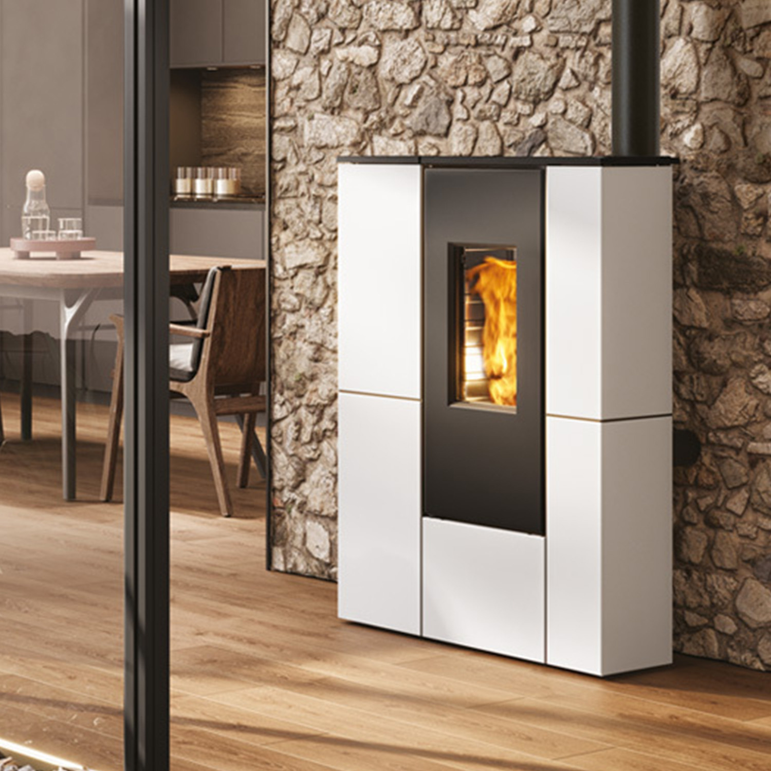 Edilkamin Tratto 9+ Poêle à granulés sortie fumées haute habillage acier blanc