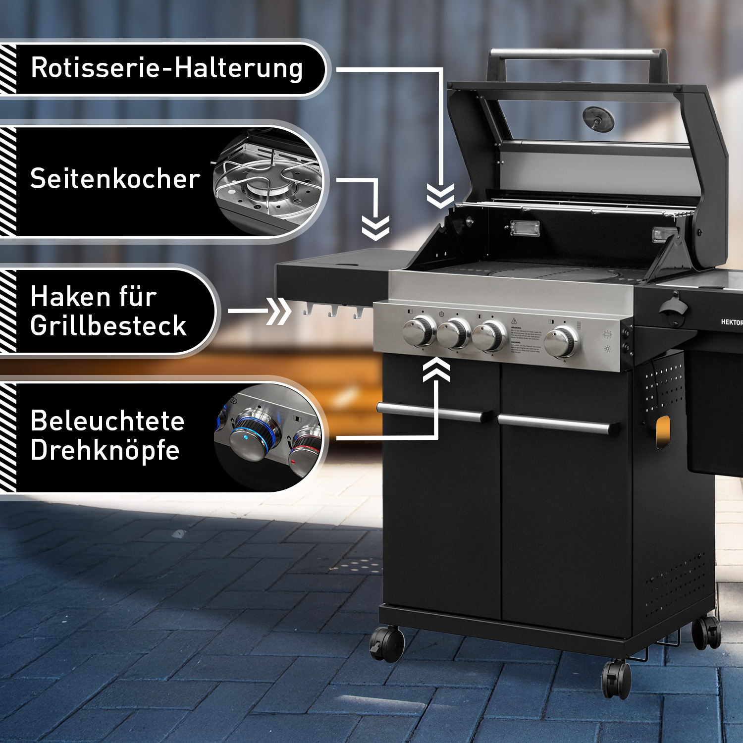 FEUERGOTT Gas-Grillstation Hektor 3B-S Pizza Set mit Abdeckhaube, Drehspieß, Pizzastein, Grillutensilien, Pizzaschneider, Infrarotbrenner, Seitenkocher