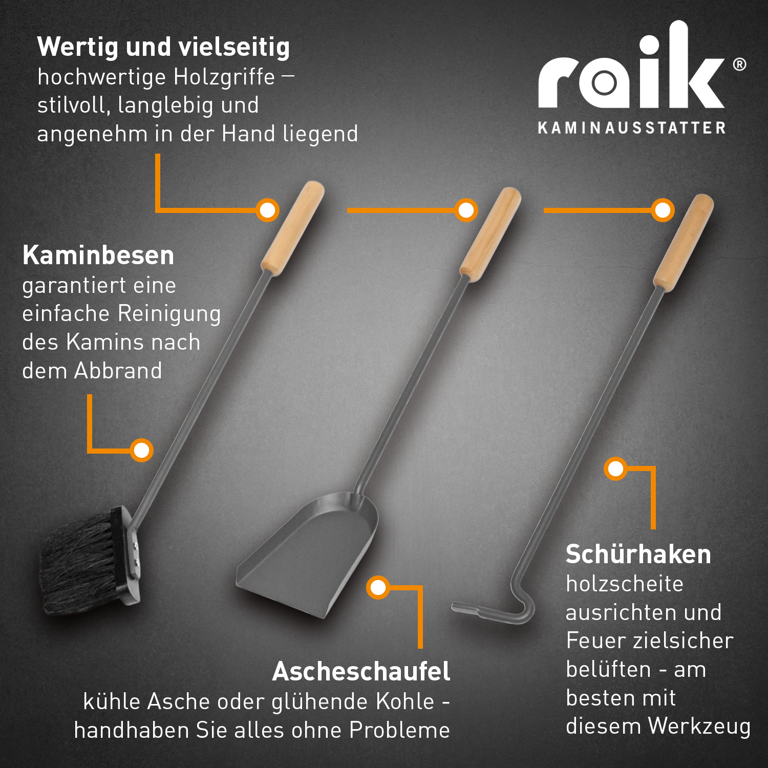 Raik Ensemble d'outils de cheminée Gustav, 3 pièces, anthracite, poignées en bois, 60 cm