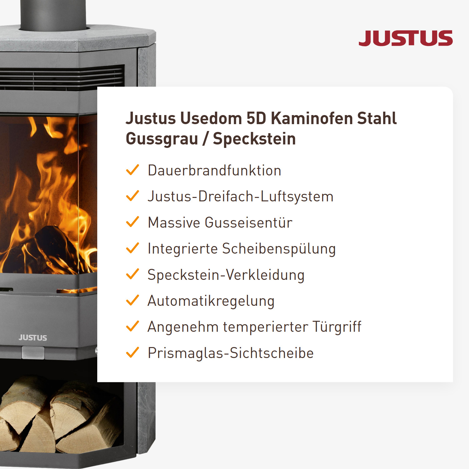 Justus Usedom 5D Kaminofen Stahl Gussgrau / Speckstein